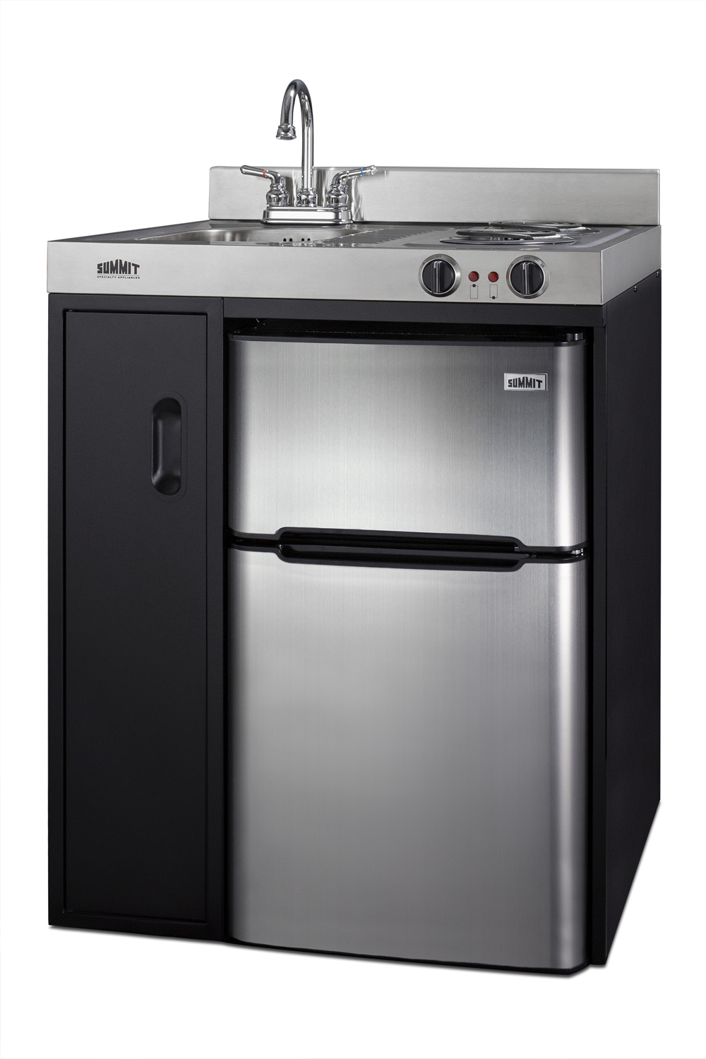 30 inch wide all-in-one kitchenette in black with a 2-burner 115V coil cooktop, 2-door refrigerator-freezer, sink, and storage cabinet